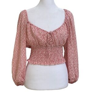 Cotton Candy LA Pink White Floral Crop Top Sz S Smocked Chiffon Cottagecore